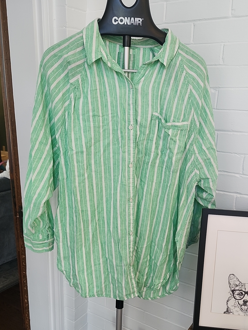 Aerie Linen Blend Green Striped Button-Up Shirt - Large